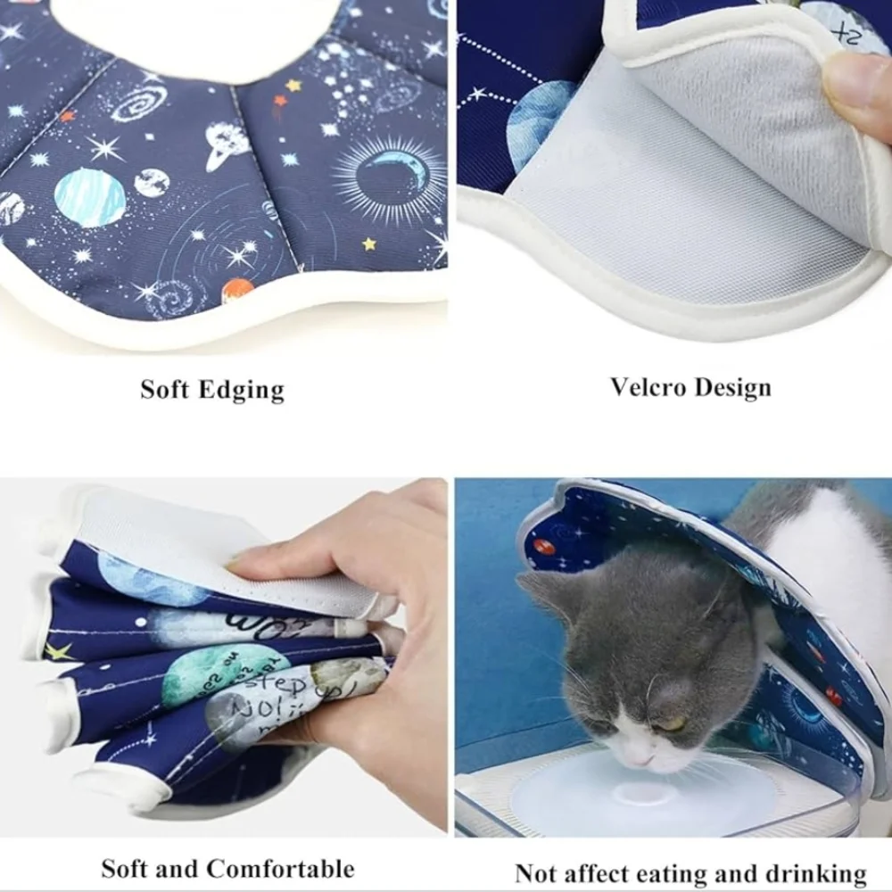 Calming Space-Print Soft Recovery Collar for Cats - Navy